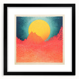 Extra large, colorful abstract art print of a Tahitian scenery on textured canvas, framed in black.