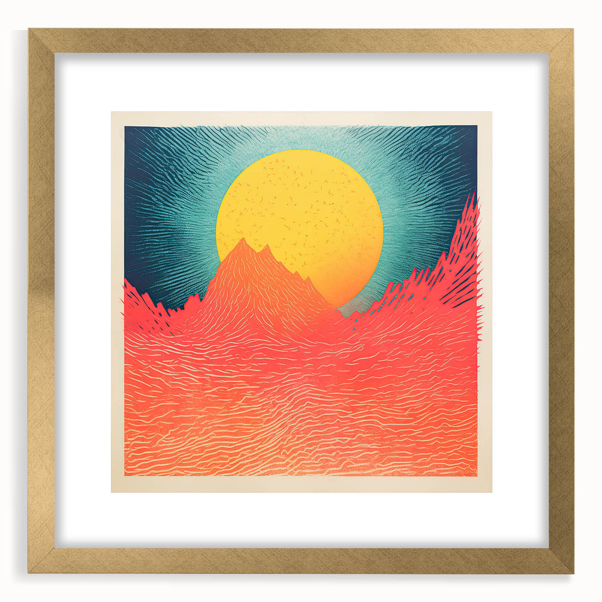 Textured abstract art print of a Tahitian landscape in muted earth tones, framed in gold, suitable for bedroom decor.