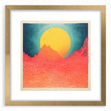 Textured abstract art print of a Tahitian landscape in muted earth tones, framed in gold, suitable for bedroom decor.