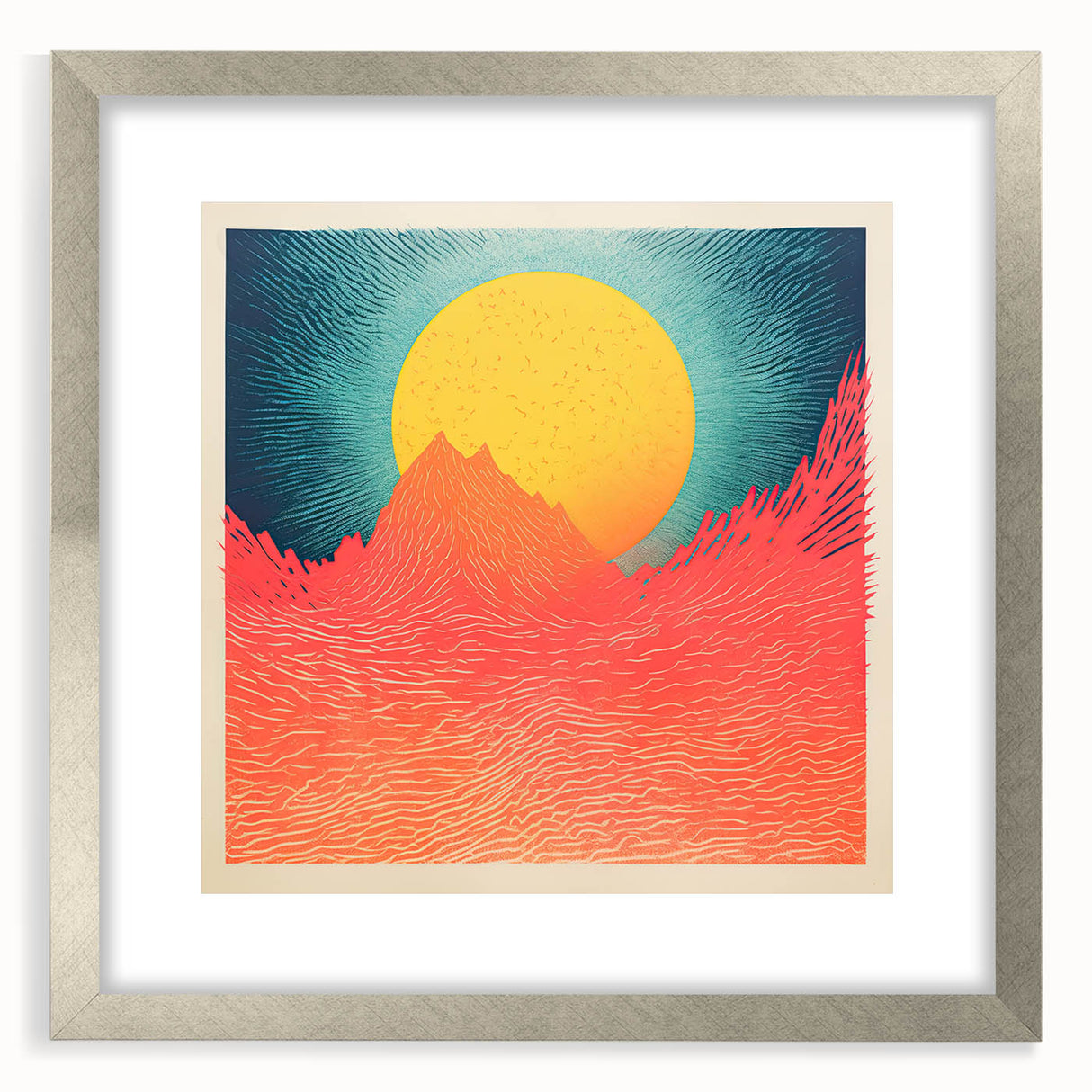 Abstract art print of a Tahitian landscape in cool blue and green tones on a framed canvas.