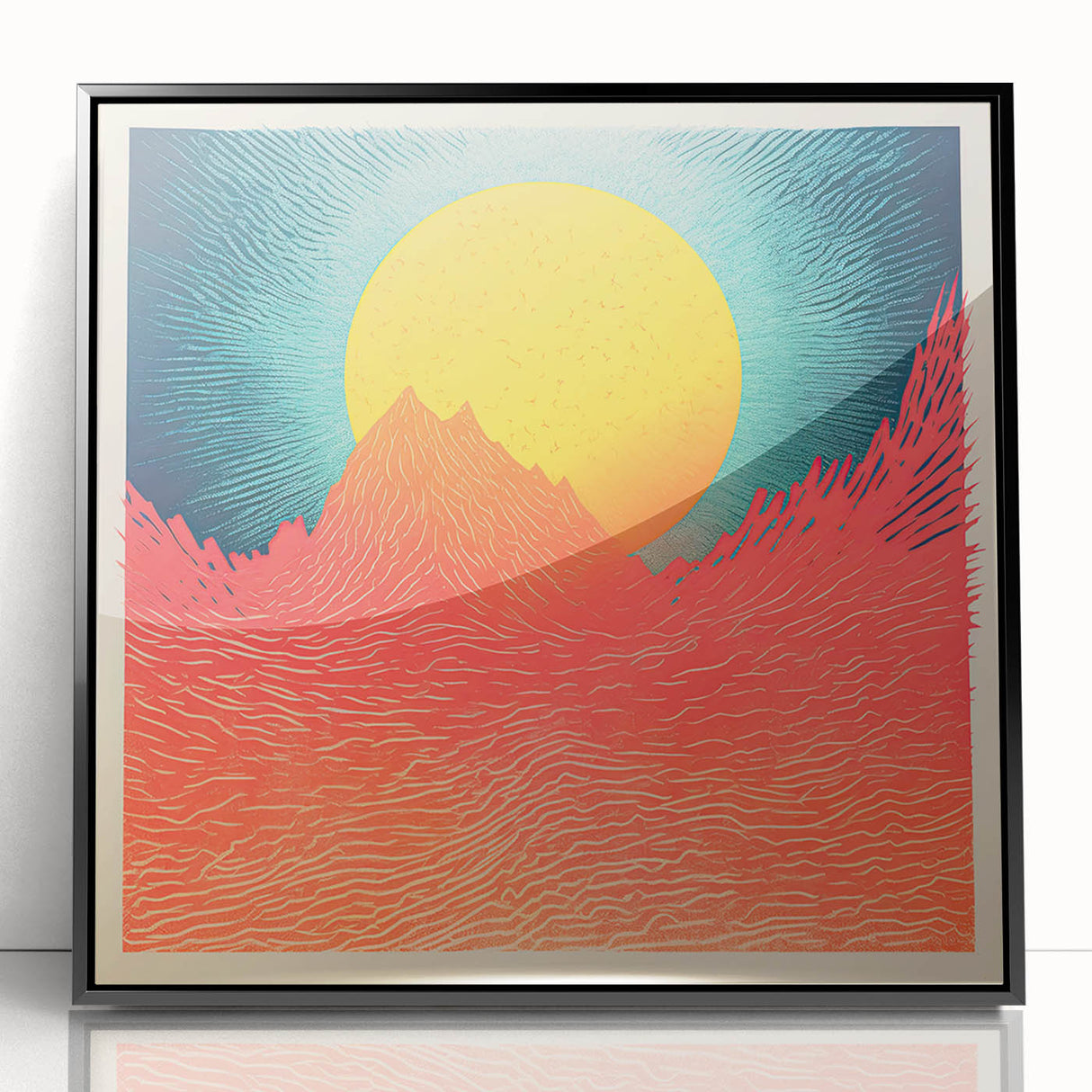 Large abstract wall art depicting a serene Tahitian landscape in muted blue and green tones, framed in black acrylic.
