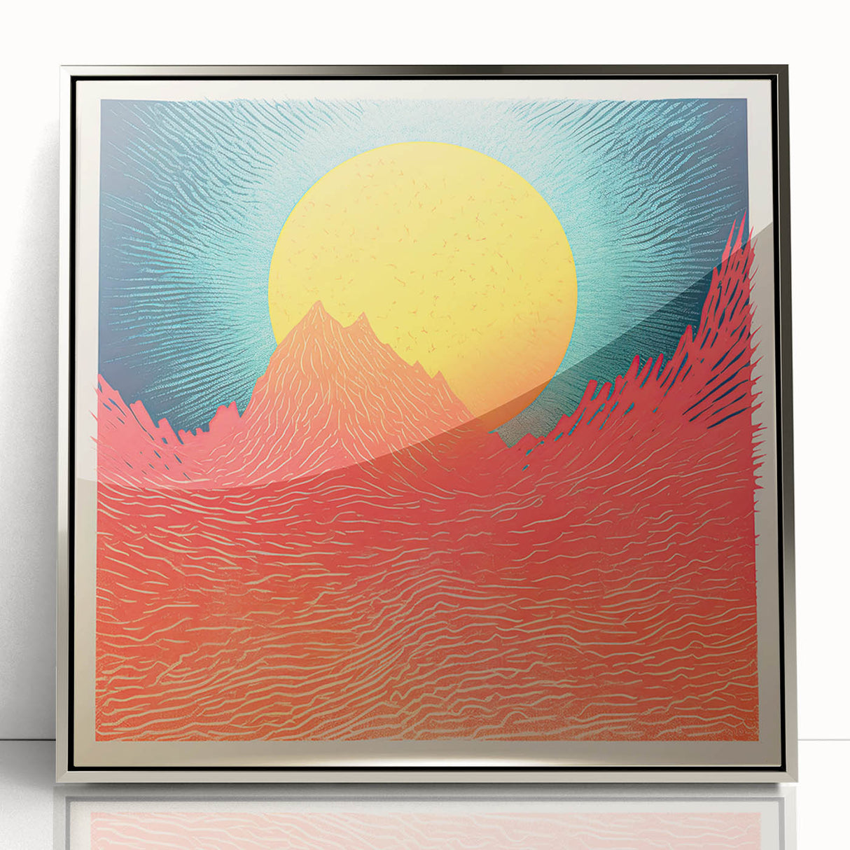 Mid-century modernist art of Tahitian landscape in vibrant greens and blues, silver-framed acrylic print.