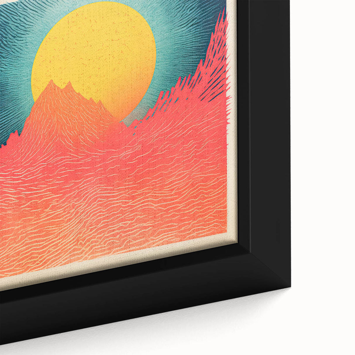 Framed canvas featuring a vintage-style landscape of Tahiti with lush greenery and calm blue waters.