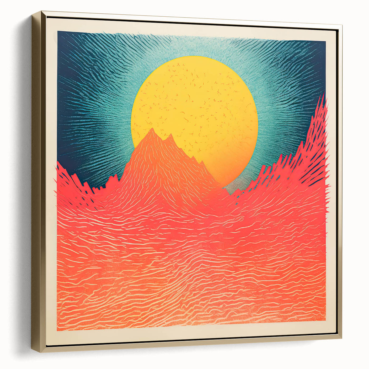 Landscape art painting of Tahiti with lush greenery and ocean in muted greens and blues, framed canvas.