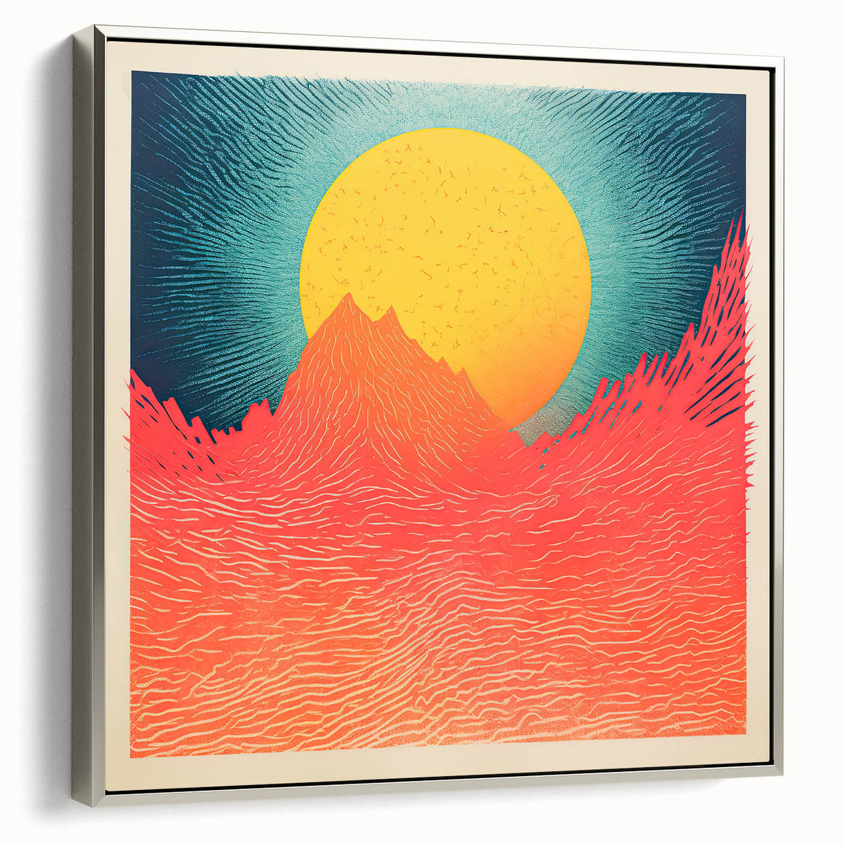 Vintage poster art of Tahiti with vibrant ocean and sky hues, framed in silver, ideal for large living room walls.