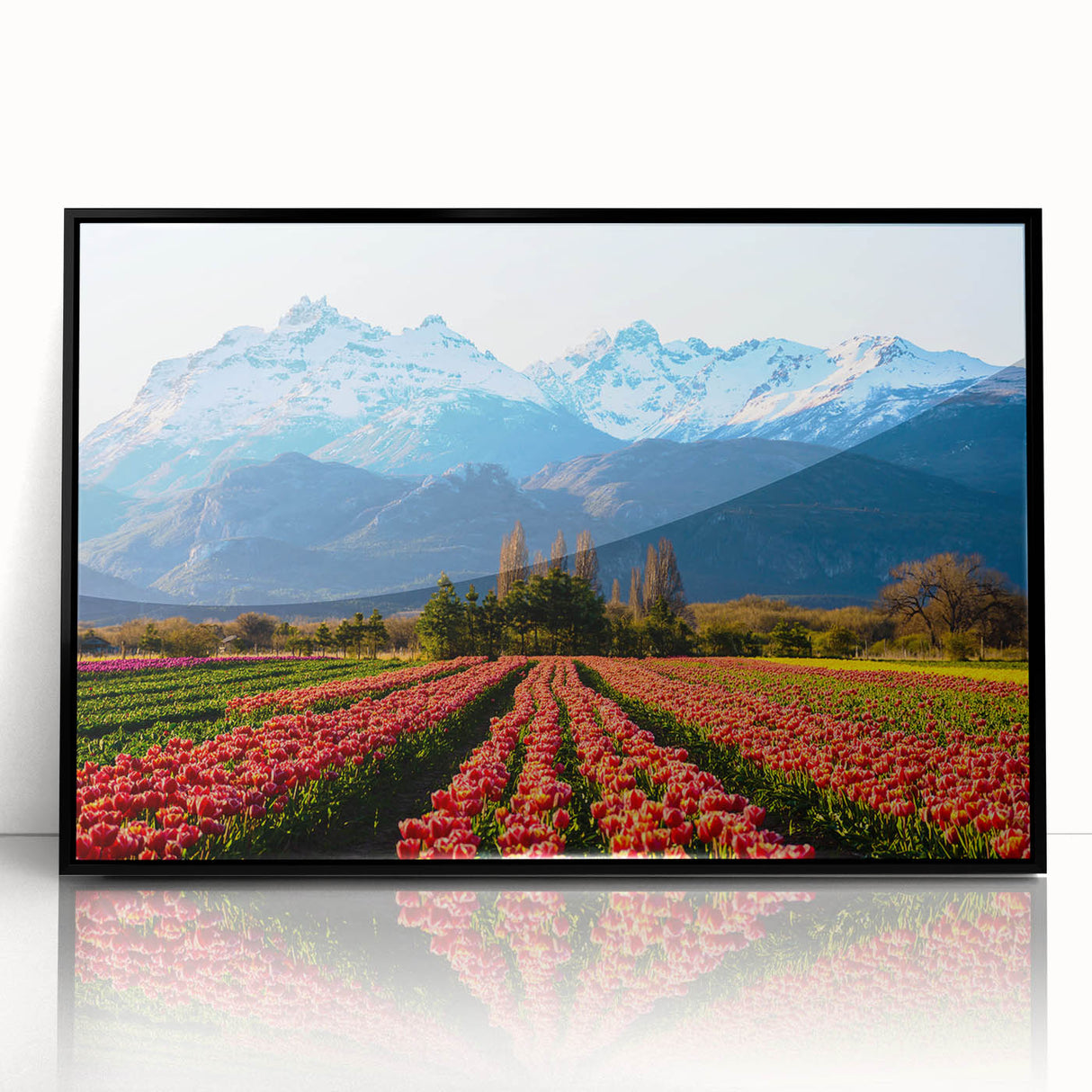 Large abstract wall art depicting a scenic view in Argentina with muted earth tones, framed in black acrylic.