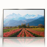 Mid-century modernist art depicting a serene Argentine landscape in muted earth tones, framed in silver acrylic.