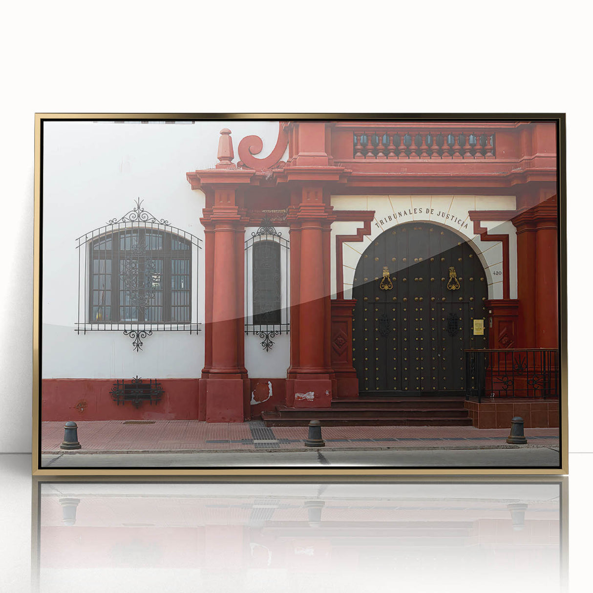 Large acrylic print of Santiago, Chile skyline in gold frame, featuring mid-century modernist style.