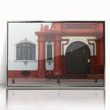 Mid-century modernist art depicting Santiago, Chile skyline in muted earth tones on a silver-framed acrylic print.