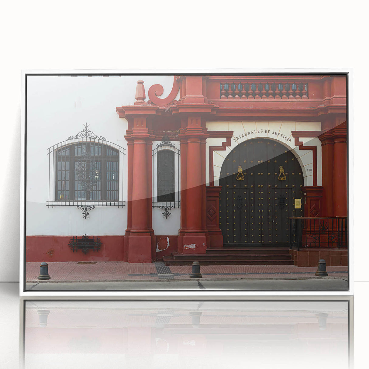 Acrylic print of Santiago skyline in subdued earth tones, framed in white, suitable for modern art wall decor.