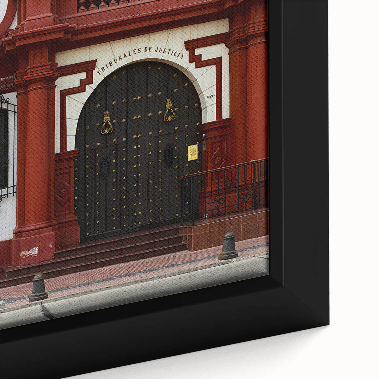 Extra large framed canvas of a black textured art piece depicting colorful Santiago scenery, ideal for living room decor.