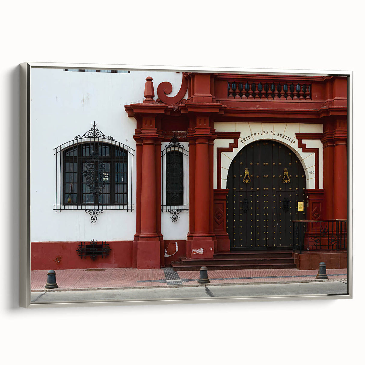 Landscape art painting of Santiago, Chile with colorful palette on silver-framed canvas, ideal for office decor.