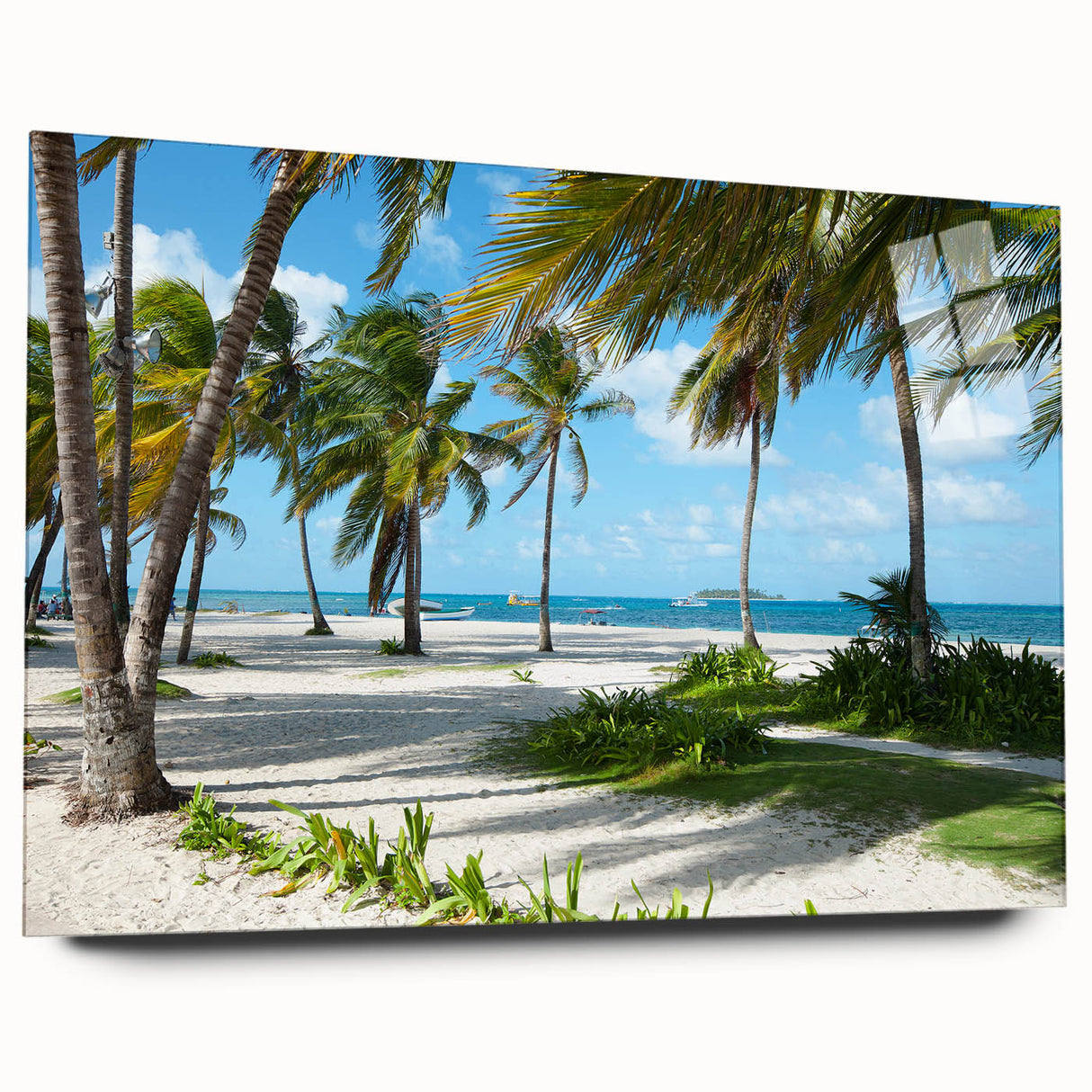 Large abstract wall art of a Colombian landscape in vibrant greens and blues on acrylic glass.