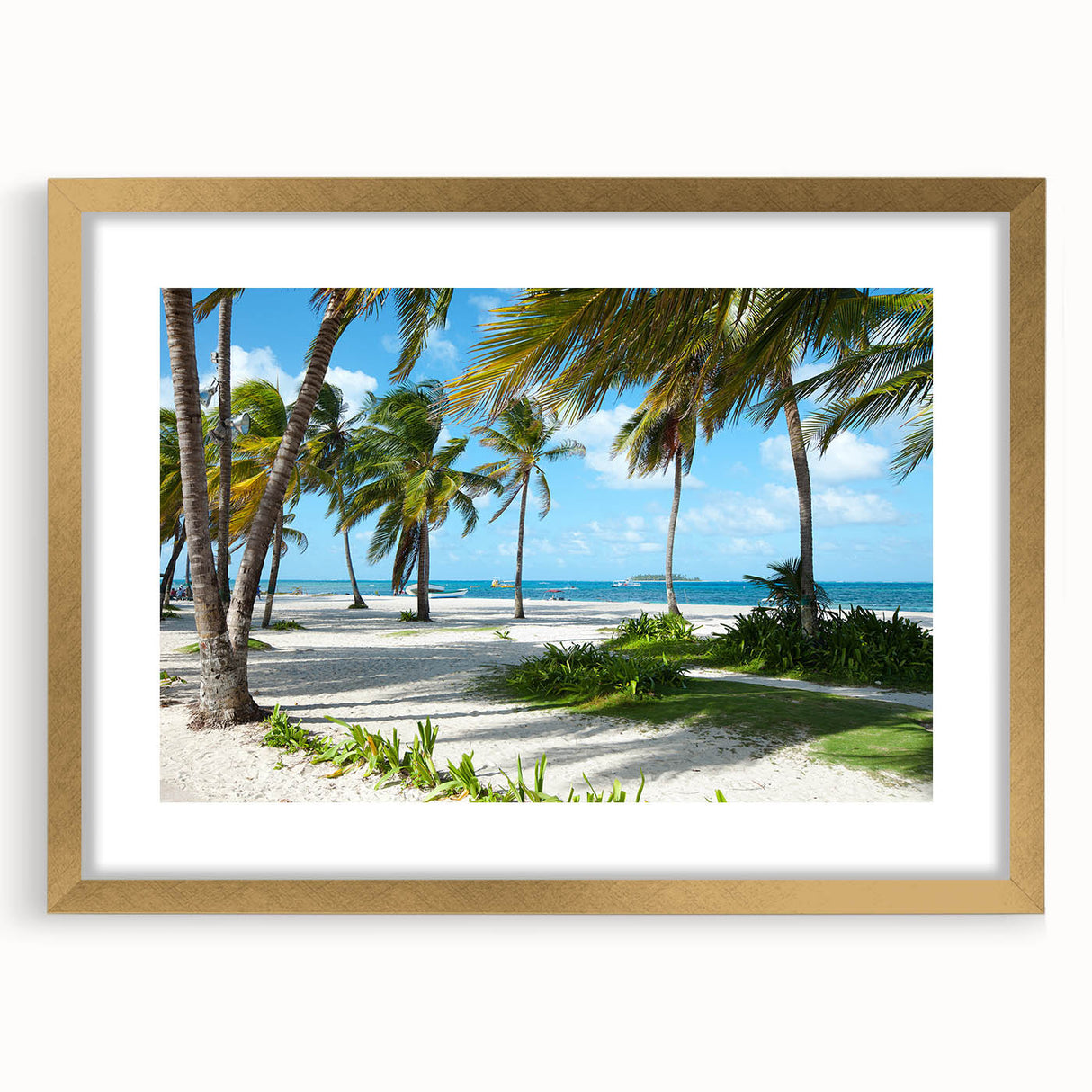 Extra large abstract art print of Colombian scenery in textured gold frame, ideal for living room decor.