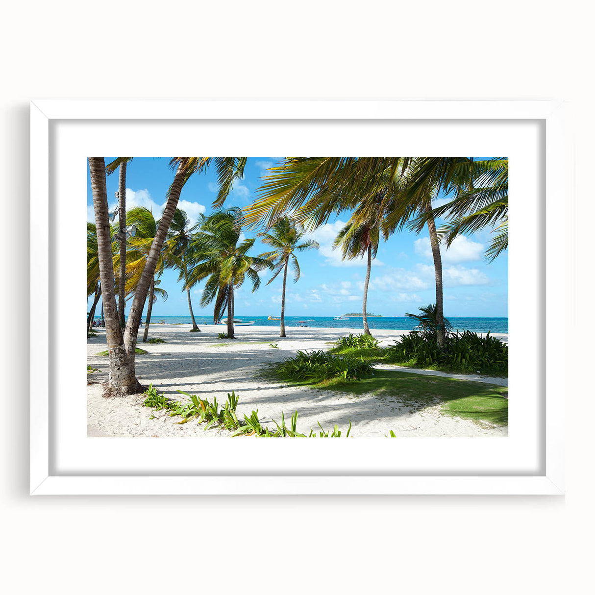 Abstract art print depicting a colorful Colombian landscape on a white framed mat, ideal for dining room decor.
