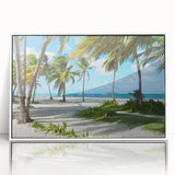 Acrylic print of a serene Colombian landscape in muted earth tones, framed in white.