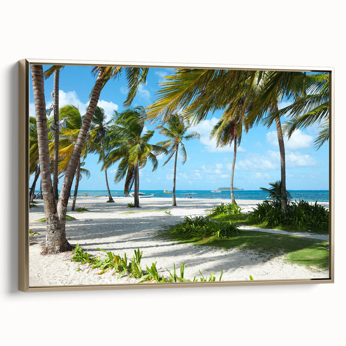 Framed canvas featuring a vintage-style landscape painting of a Colombian scenery in gold and black tones.