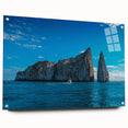 Acrylic print of a large abstract depiction of the Galapagos Islands in vibrant blue and green tones.