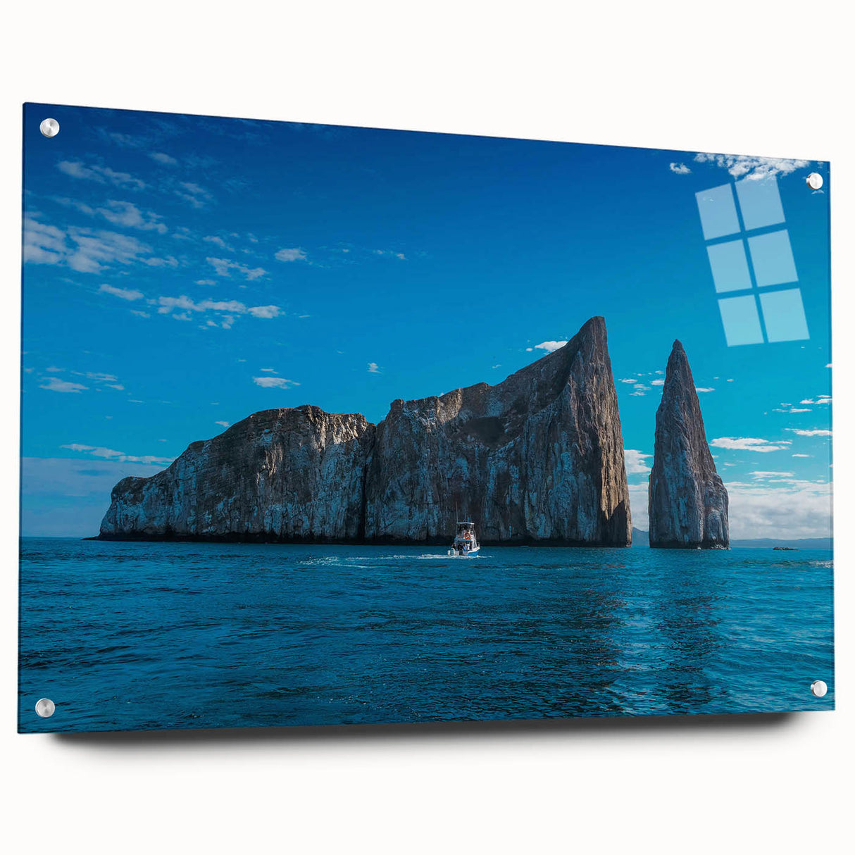 Acrylic print of a large abstract depiction of the Galapagos Islands in vibrant blue and green tones.