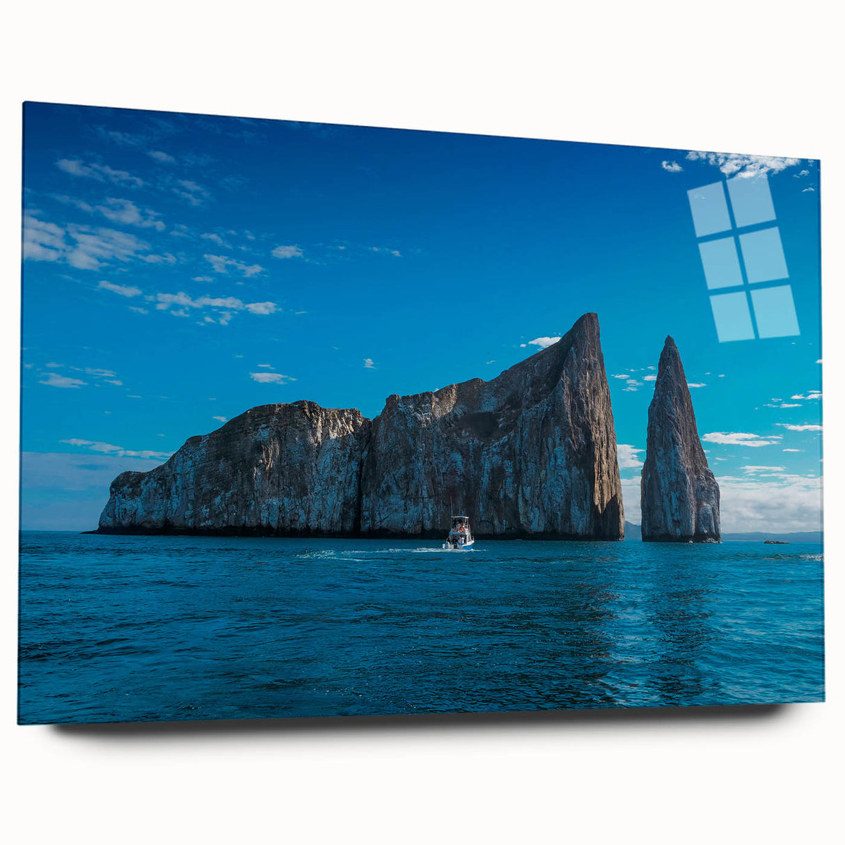 Acrylic print of a large abstract depiction of the Galápagos, featuring cool blue and green tones.