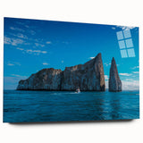 Acrylic print of a large abstract depiction of the Galápagos, featuring cool blue and green tones.