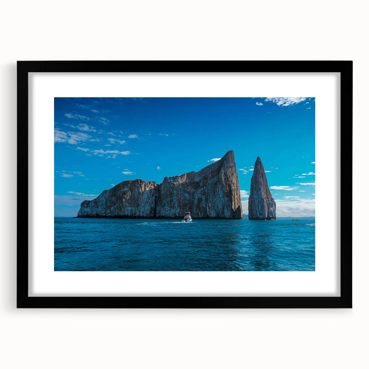 Extra large abstract art print of a colorful, textured Galapagos scenery on a framed black mat, ideal for living room decor.