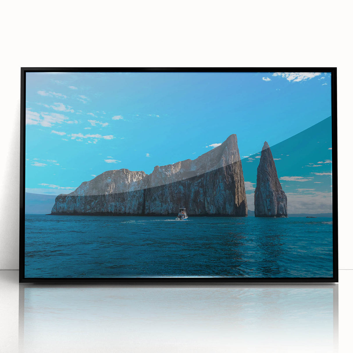 Large abstract wall art of a Galapagos scenery in Ecuador, using mid-century modernist style on black framed acrylic.