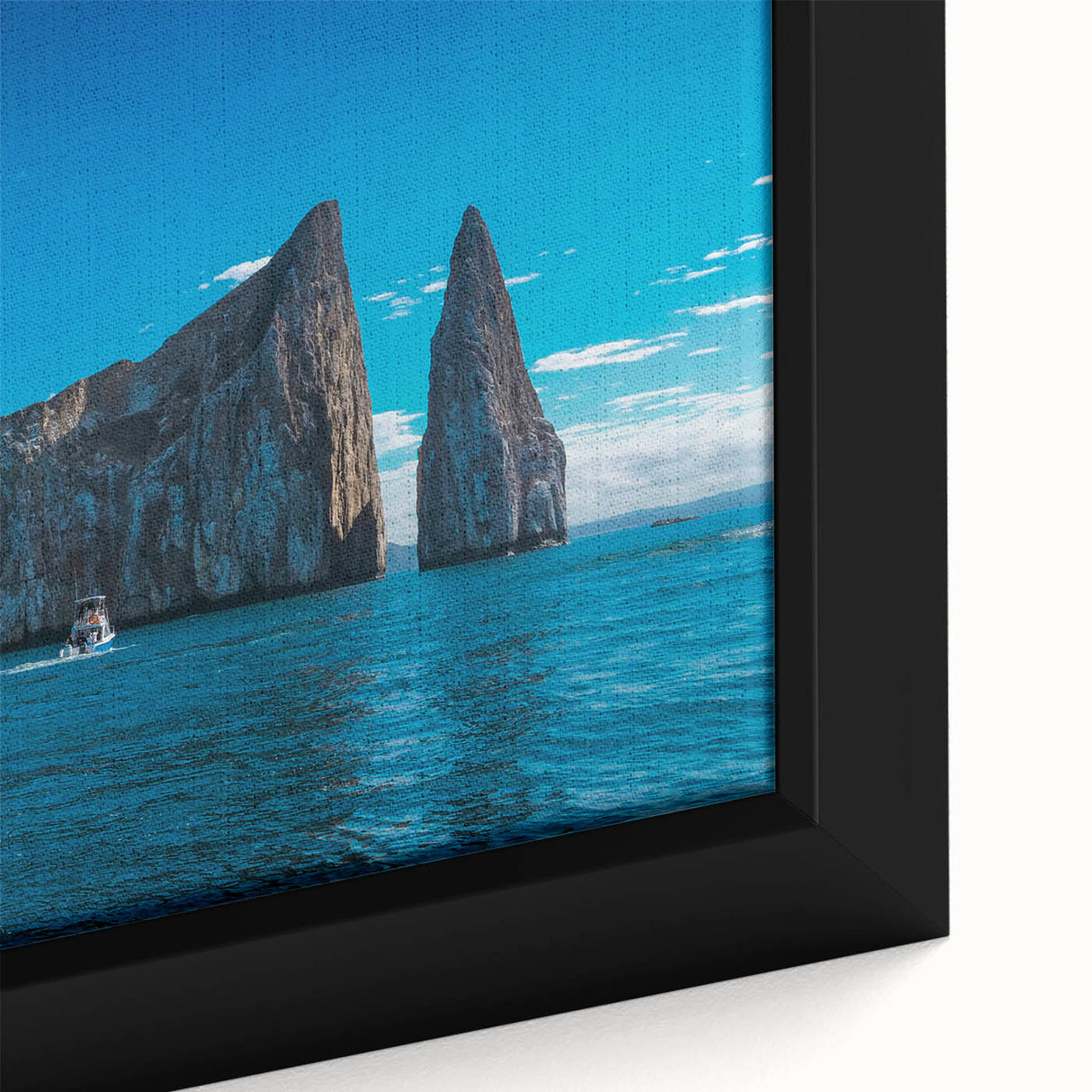 Extra large framed canvas of a textured, colorful Galapagos scene on black background, ideal for living room decor.
