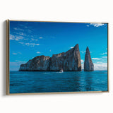 Framed canvas featuring a vintage-style landscape painting of the Galapagos Islands in Ecuador.