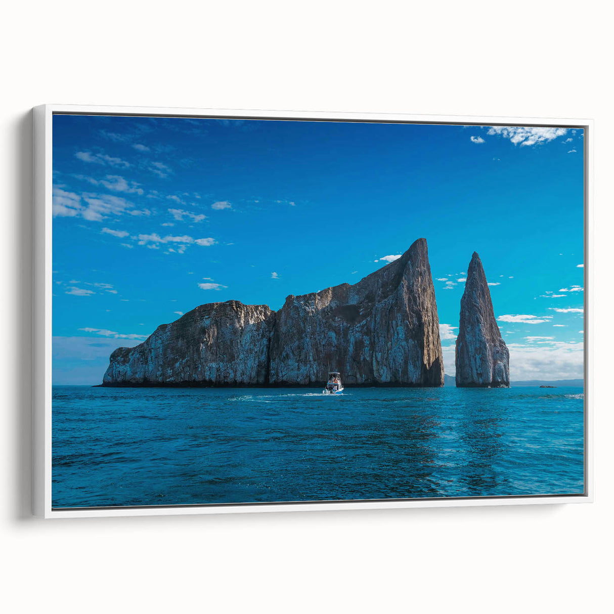 Vintage poster art of Galapagos scenery in vibrant colors on a large framed canvas, ideal for living room decor.