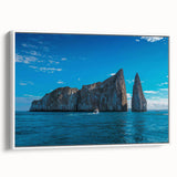 Vintage poster art of Galapagos scenery in vibrant colors on a large framed canvas, ideal for living room decor.