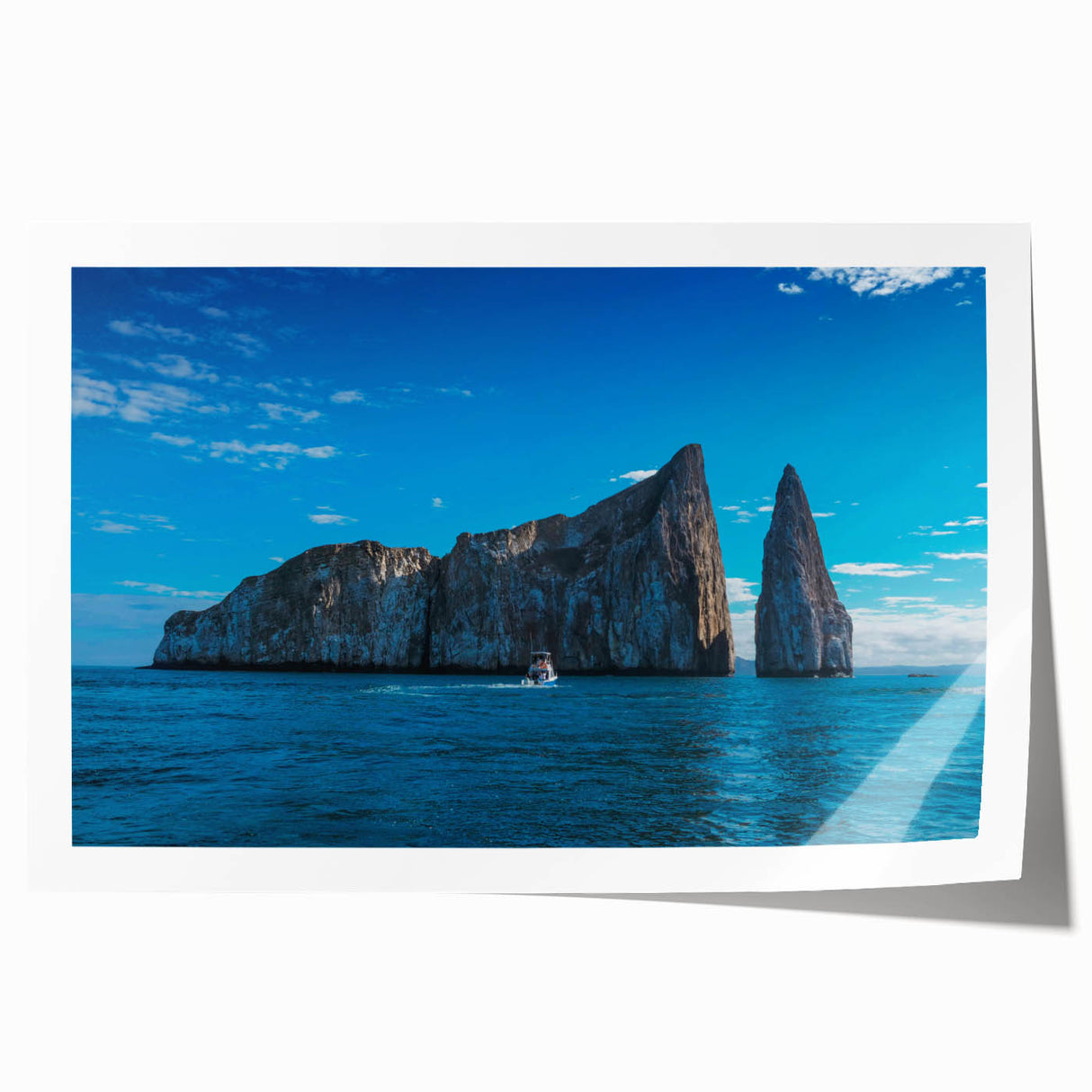 Rolled print of Galapagos scenery with lush green landscapes and vibrant blue skies, ideal for dining room wall art.