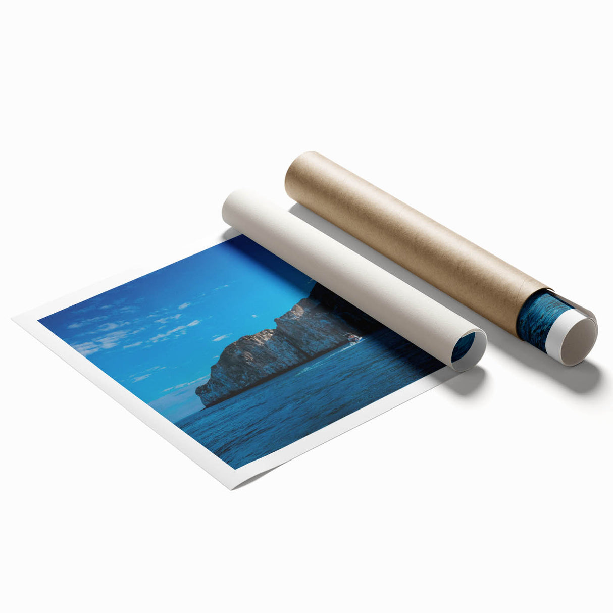 Large rolled print of Galapagos scenery with vivid floral elements in soft hues, ideal for classy bathroom wall art.