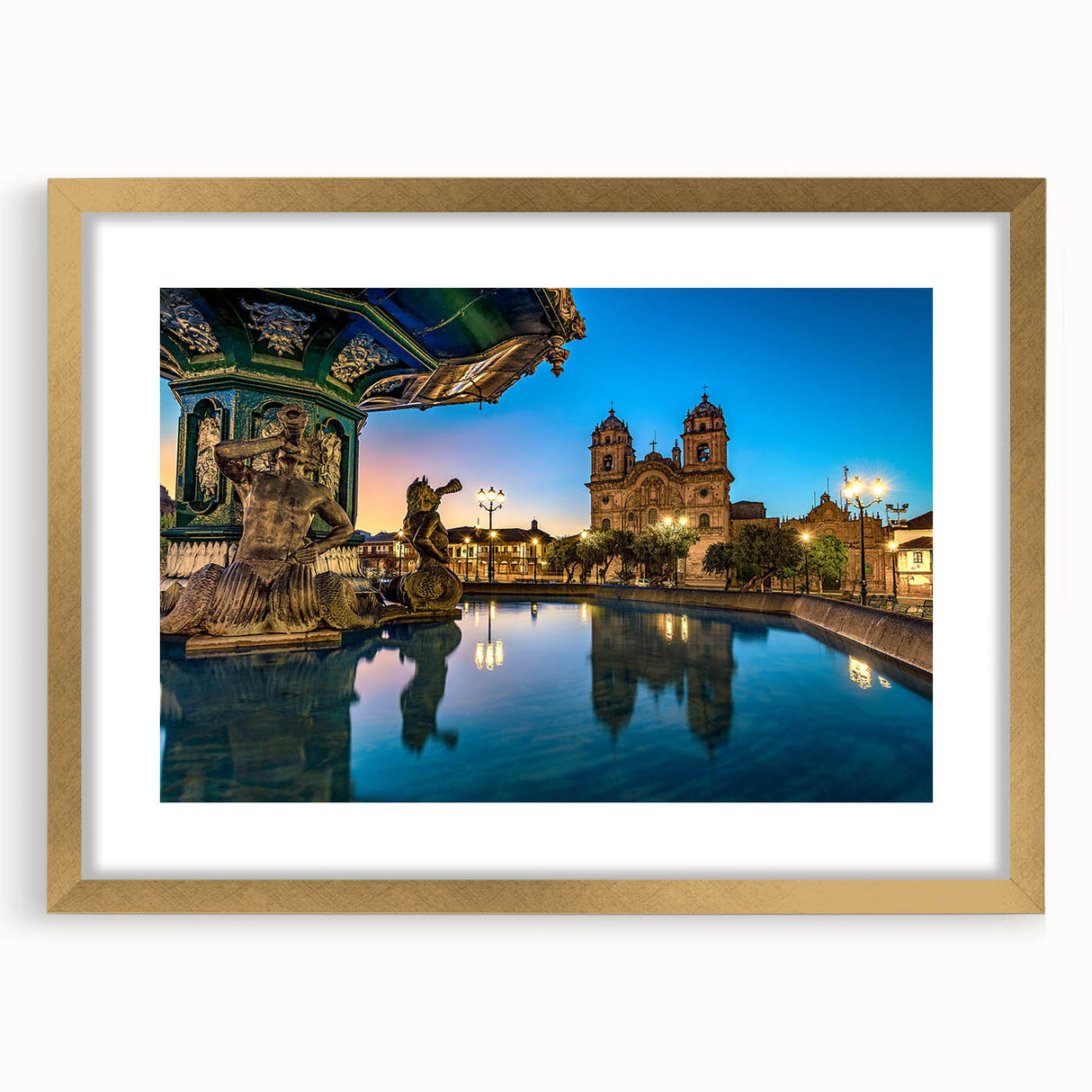 Extra large abstract art print featuring textured scenery of South America, in muted earth tones, framed in gold.