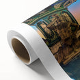 Art Deco style poster of a scenic South American landscape, using muted earth tones on rolled canvas.