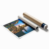 Rolled print of a Peruvian landscape with lush greenery and mountains, in soft earth tones.