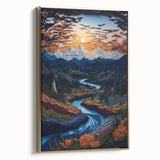 Framed canvas featuring a vintage-style landscape painting of Denali, Alaska, in muted earth tones.