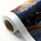 Art Deco poster of Denali, Alaska scenery on rolled canvas, featuring cool blue and white tones, ideal for nursery wall art.