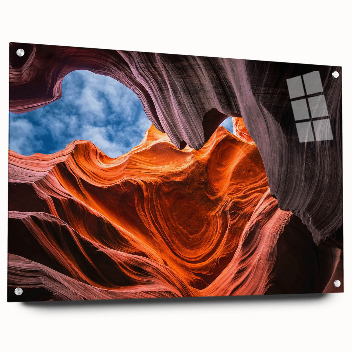 Acrylic print of Antelope Canyon in Arizona with warm orange and red tones, suitable for bedroom or dining room decor.