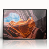 Large abstract wall art depicting Arizona's Antelope Canyon in muted earth tones on a framed acrylic.