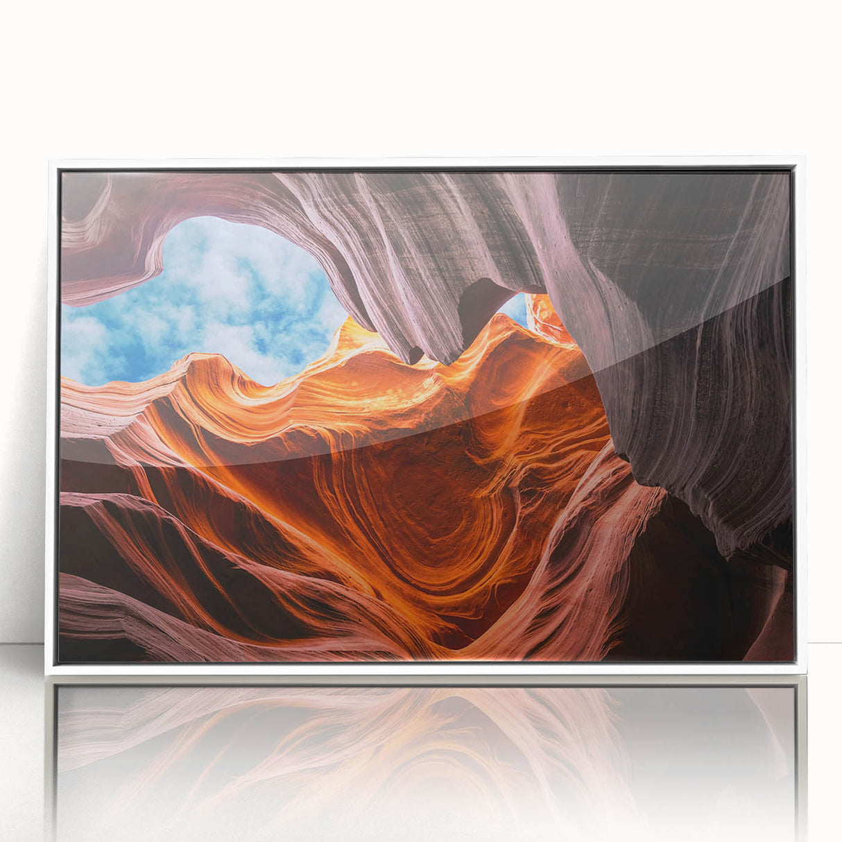 Art deco poster of Antelope Canyon in Arizona, featuring warm orange and red hues on a framed acrylic.