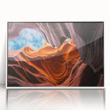 Art deco poster of Antelope Canyon in Arizona, featuring warm orange and red hues on a framed acrylic.