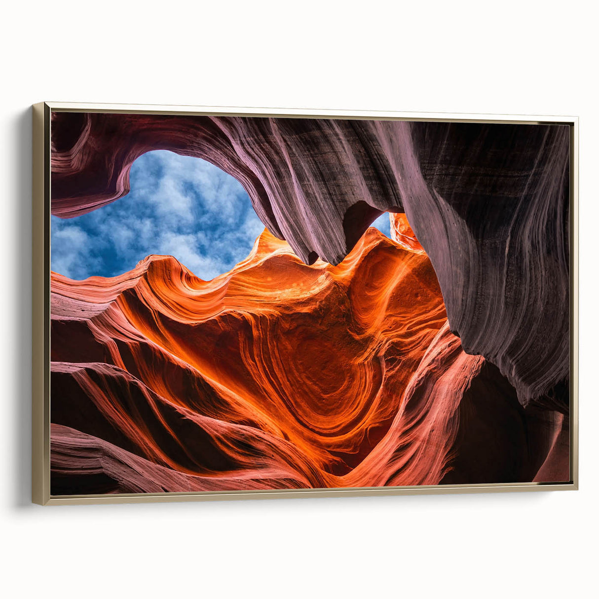 Framed canvas of Arizona Antelope Canyon landscape in golden hues, ideal for bedroom wall art.