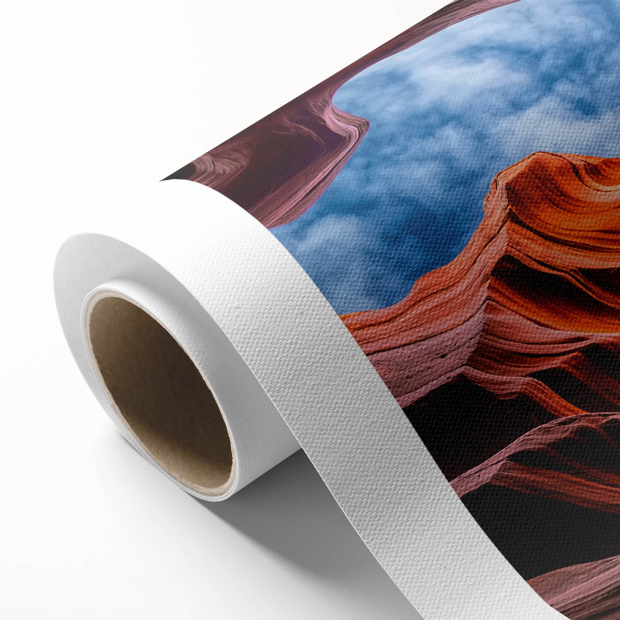 Art deco poster of Antelope Canyon in Arizona on rolled canvas, with rich orange and red tones, ideal for nursery wall art.