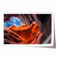 Antelope Canyon landscape on rolled print, featuring earthy red and orange tones, suitable as art wall for dining room.