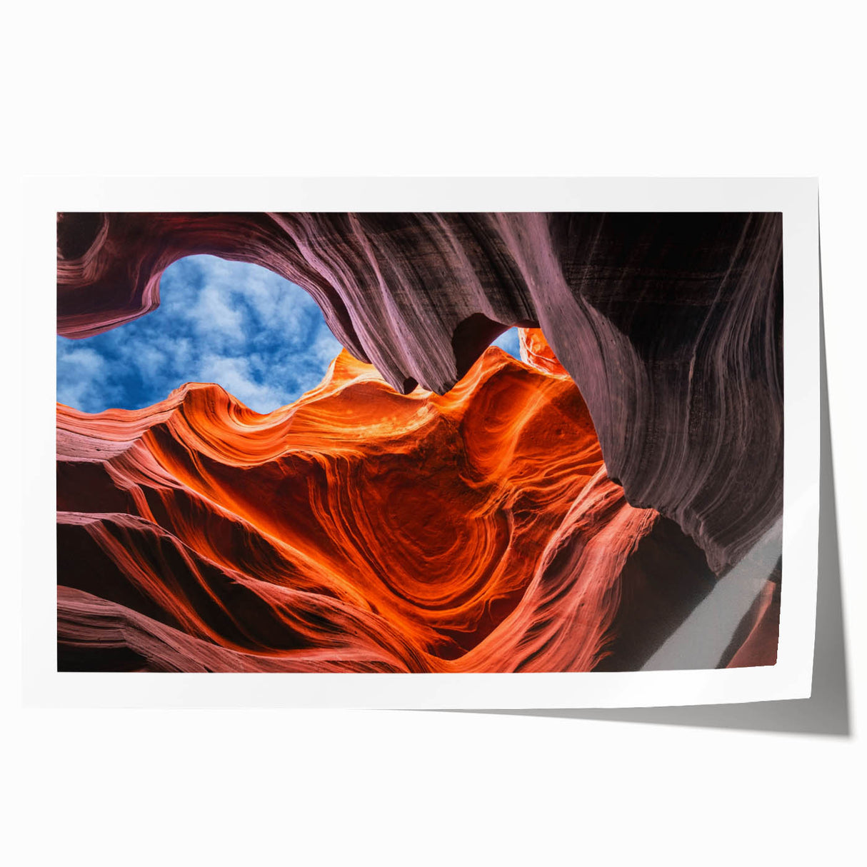 Antelope Canyon landscape on rolled print, featuring earthy red and orange tones, suitable as art wall for dining room.