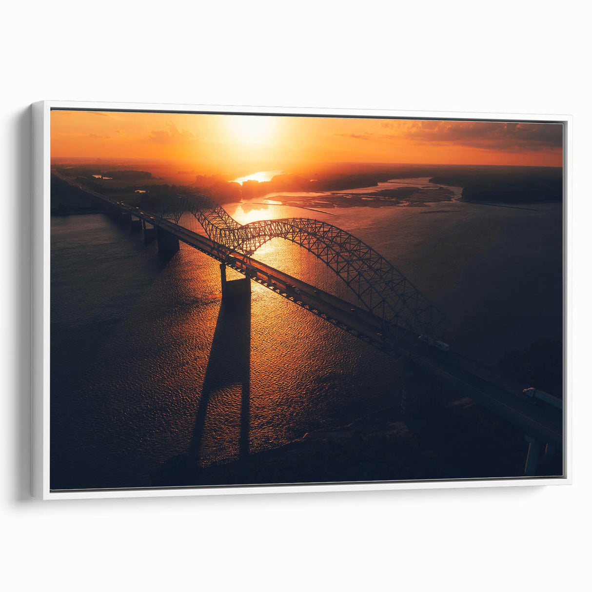 Vintage poster art of Arkansas scenery in vibrant colors on a large framed canvas, suitable for living room decor.
