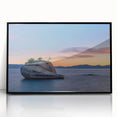 Large abstract wall art depicting Lake Tahoe, in muted blue and green on a black framed acrylic.