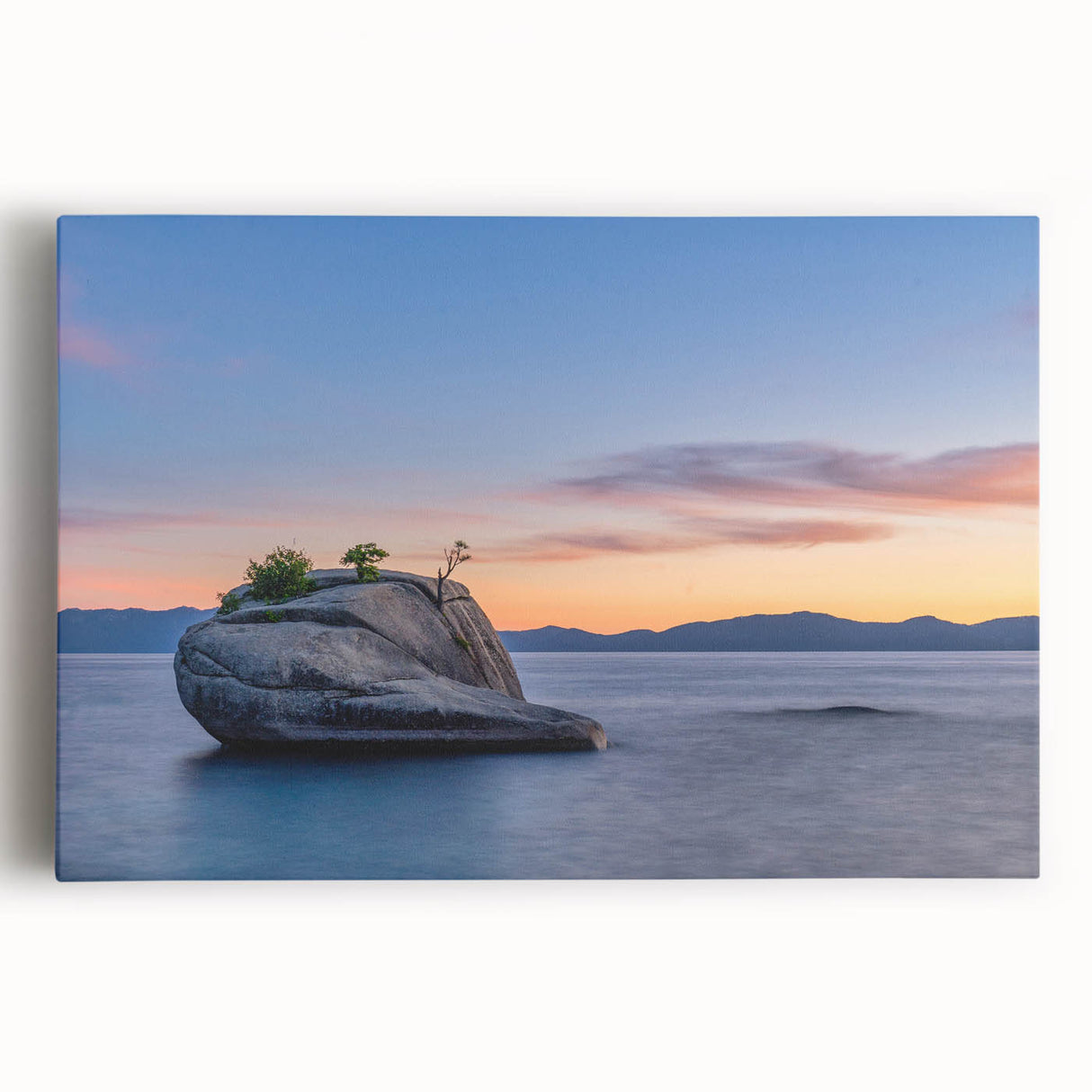 Black and white image of Lake Tahoe on a large stretched canvas, ideal for kitchen wall art.