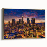 Framed canvas of vintage-style Los Angeles landscape in black and gold tones, ideal for bedroom wall art.
